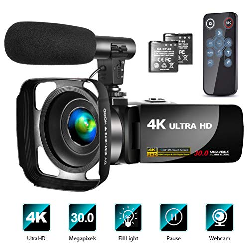 4K Video Camera Camcorder with Microphone Vlogging Camera YouTube Camera Recorder Ultra HD 30FPS 30MP 3.0' IPS Touch Screen with Lens Hood & 2 Batteries