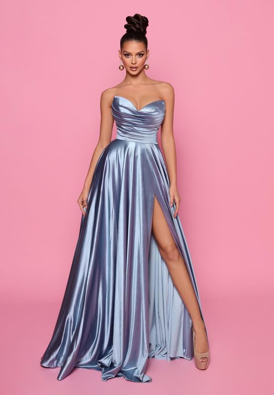 Women's Satin Prom Dresses Long Strapless Pleated Bridesmaid Dress A-Line Formal Evening Gowns with Slit3