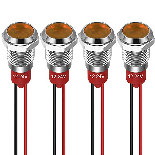 GUUZI 10 mm Luz Indicadora LED 12-24 V Luz de Señal Impermeable Panel de Metal Indicador LED Luz de Señal Montaje en Panel Cabeza Plana con Cables Carcasa Plateada (Amarillo, 4 Piezas)