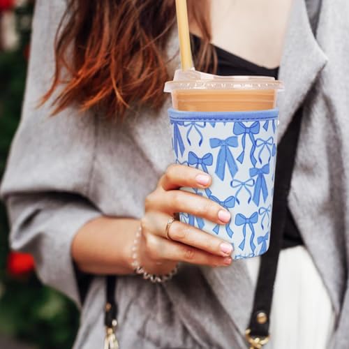 Image of Reusable Insulated Neoprene Iced Coffee Cup Sleeve, Durable Drink Sleeve for Cold Beverages, Beverage Holder for Iced Coffee, Blue Bows