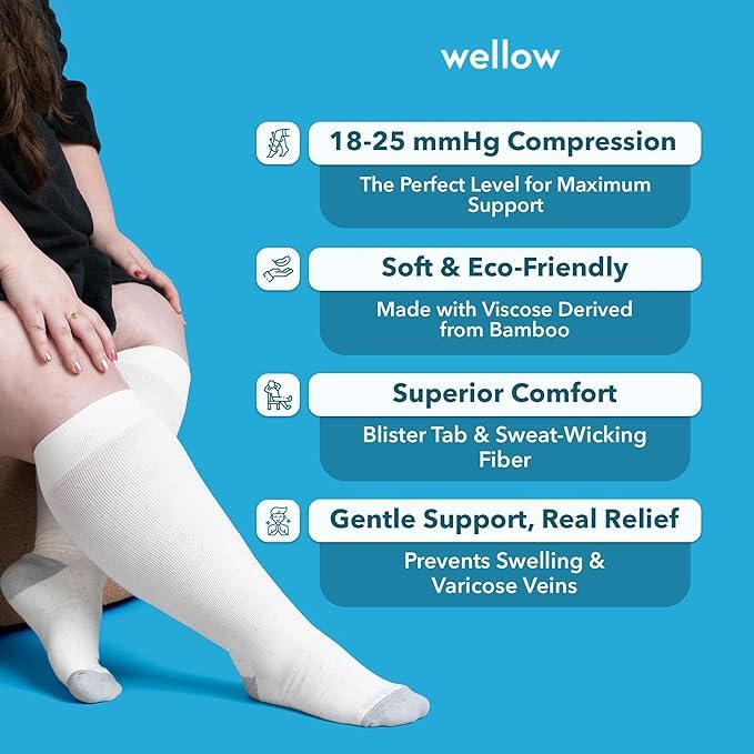 Image of Wellow Wide Calf Compression Socks for Men & Women, 18-25 mmHg Made with Viscose from Bamboo, Nurses & Pregnancy Support, Relieves Swelling, Knee High, XLW, Cobalt Dot Wide Calf