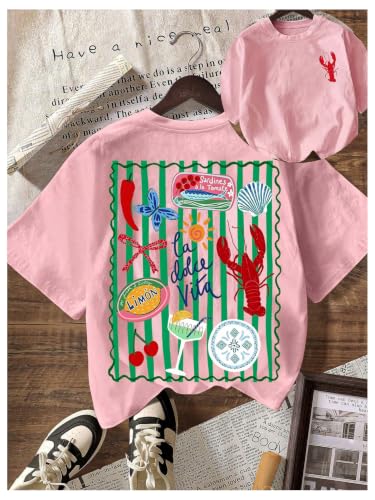 Image of RoseSeek Women's Graphic Letter Tee Crew Neck Trendy Summer Vintage T Shirt