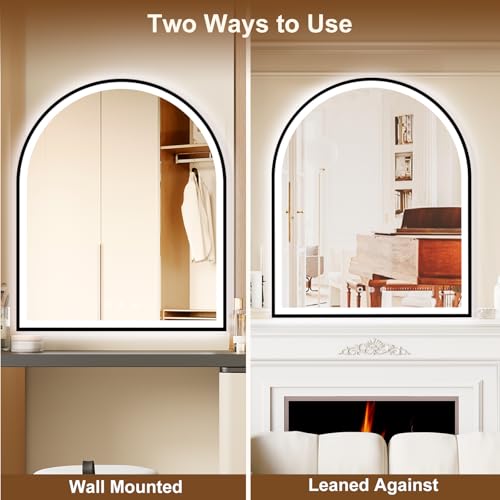 Image of 30.1 inchx36.1 inch Arched LED Mirror for Bathroom,Black Lighted Bathroom Mirror with Lights-Fogless, Dimmable, 3 Color Changing, Shatterproof, Touch Sensor