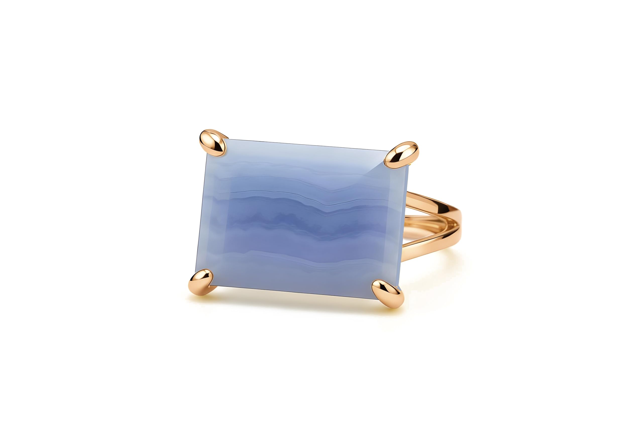 Anillo de Ágata Azul Encaje - Joya de Cóctel Rectangular en Oro Rosa - Anillo Ancho con Piedra Semipreciosa para Mujer