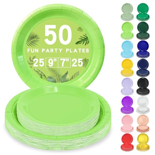 LANLISA 50 Pcs Lime Green Paper Plates Disposable, 25-9' & 25-7' Disposable Birthday Cake Dessert...