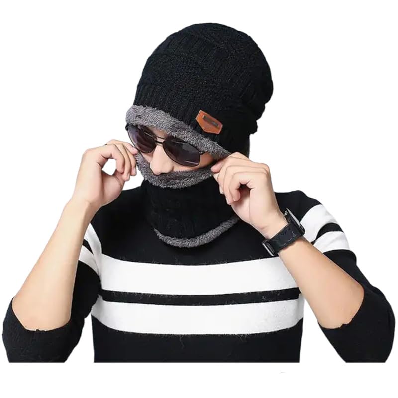 ABlue Clipper Unisex Woolen with Faux Fur Inner Side Beanie Cap and Neck Muffler Winter Combo Set (Free Size)-Pack of 1