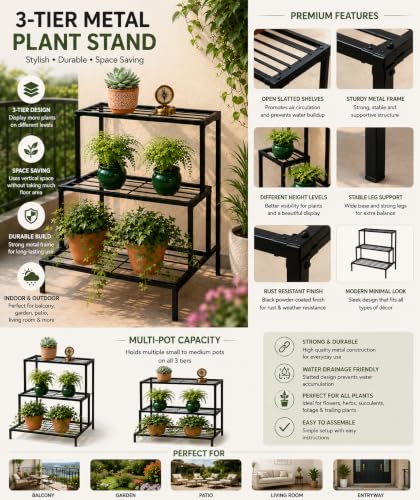 Image of Bee Creative Plant Stands for Outdoor Balcony, Flower Pot Stand for Indoor Plants, Large Metal Planter Stand for Living Room, home decor, Indoor & Outdoor plants Stand (3 STEP B)