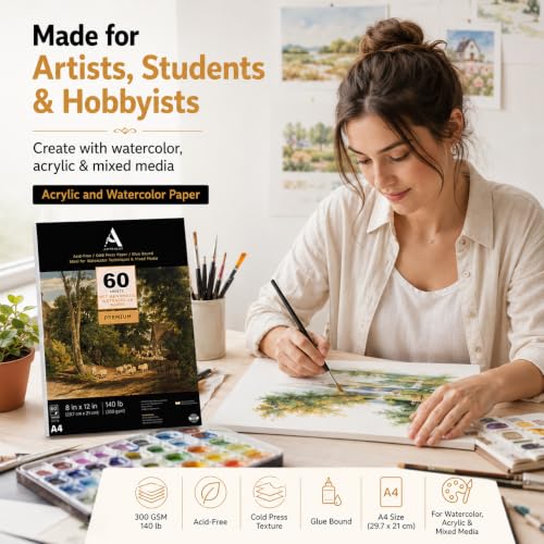 Image of ArtRight Artists' Acrylic Paper (A4 Pack of 60 Sheets, 300 GSM); 300 GSM Handmade Sheets for Gouache & Mixed Media (Papers for Acrylic & Gouache Media)