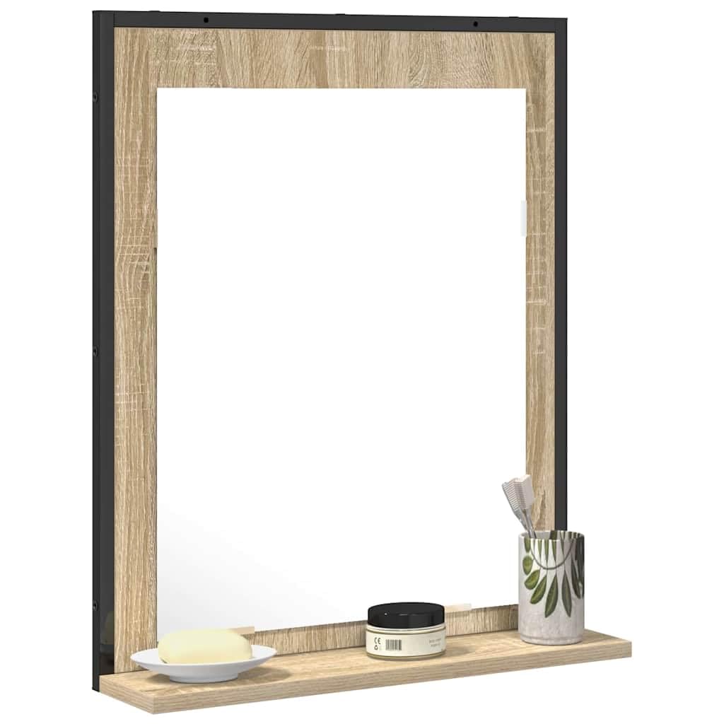 Specchio Da Parete Bagno Nero 50x60 Cm Con Mensola Legno | Vetro Piano, Telaio In Legno Ingegnerizzato, Durevole, Per Bagno Residenziale O Hotel