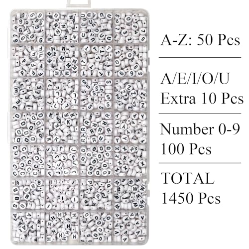 Image of Melius 1450Pcs Acrylic Letter and Number Beads, 4x7mm Alphabetical Flat Round Alphabet Beads in 28 Grid Box for Bracelets, DIY Crafts (Pack of 2)
