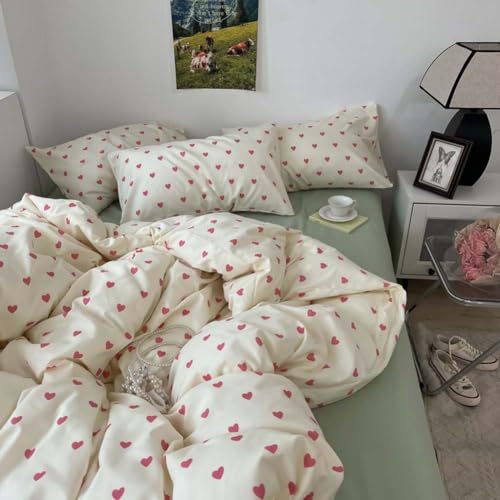 Image of Nayoroom Heart Duvet Cover Twin Size Kawaii Pink Heart Printed on Cream White Bedding Set 2Pcs Kids Girls Cute Heart-Shaped Pattern Comforter Cover with Zipper Closure Soft Breathable Microfiber