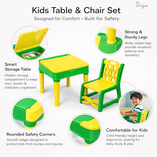Image of Kids Study Table & Chair Set with Storage Box | Study Table Chair for Kids | Multipurpose Activity Desk for Study, Drawing & Eating | Strong Plastic | Toddler Furniture (Yellow & Green)