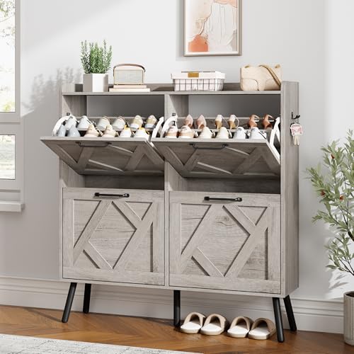 Image of Nicetree Shoe Cabinet with 4 Flip Drawers, Freestanding Shoe Organizer Cabinet, Farmhouse Narrow Shoe Storage Cabinet for Entryway, Foyer, Hallway