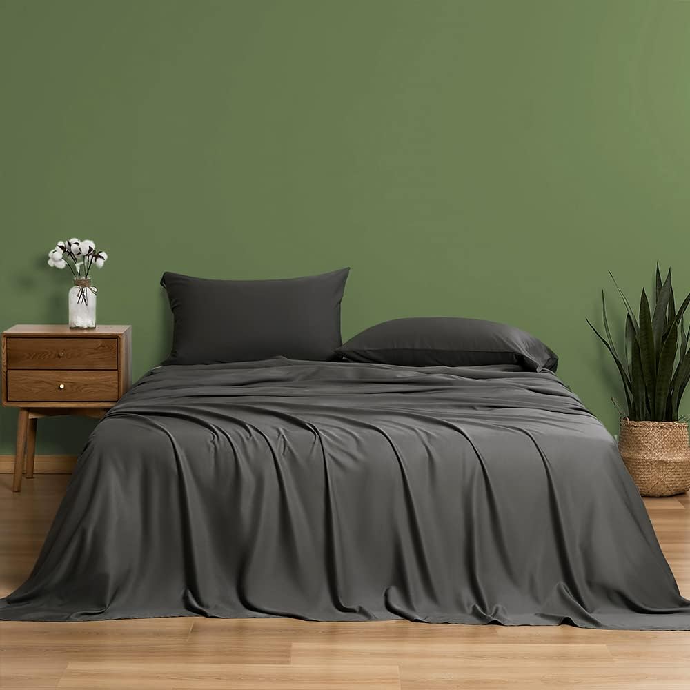 SAKIAO 100% Bamboo King Size Bed Sheets Set- Cooling Sheets 1800 Thread Count Super Soft Silk Feel Wrinkle Free,All Seasons,Sheet & Pillowcase Sets Fit 16-20 Inch Deep Pocket (Dark Grey, King) : Home & Kitchen