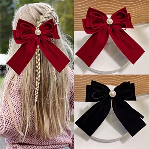 2 pinzas vintage para el pelo grande, perlas, de terciopelo con lazo, pasadores de pelo grandes para fiestas, accesorios para el cabello, regalo para niñas y mujeres, rojo y negro Cover