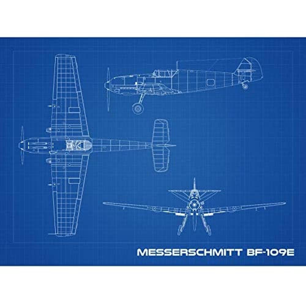 Artery8 Messerschmitt Bf 109E Fighter Plane Blueprint Plan Art Print Canvas Premium Wall Decor Poster Mural