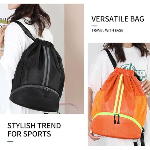 شنطة ظهر رياضية برباط سحب - شنطة رياضية للسباحة وصالة الالعاب الرياضية مع جيب للاحذية وجيب مقاوم للبلل للنساء والرجال، شنطة رياضية برباط سحب لكرة القدم وكرة السلة. (برتقالي)