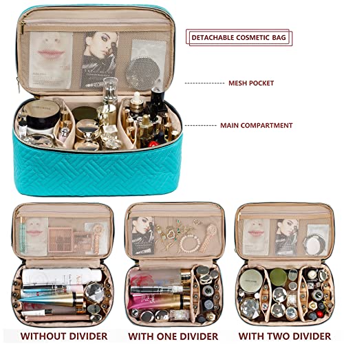AMOIGEE Large Double Layer Makeup Travel Case With Train Case Organizer for Makeup Brushes, Bottles, Palettes, Sponge - Teal - Image 4
