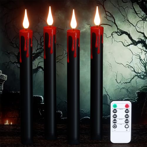 Eldnacele Halloween schwarze flammenlose Stabkerzen mit Fernbedienung dimmbar batteriebetriebene LED Kerzen 4er Set tropfende Wachskerzen für Halloween Dekoration ganla