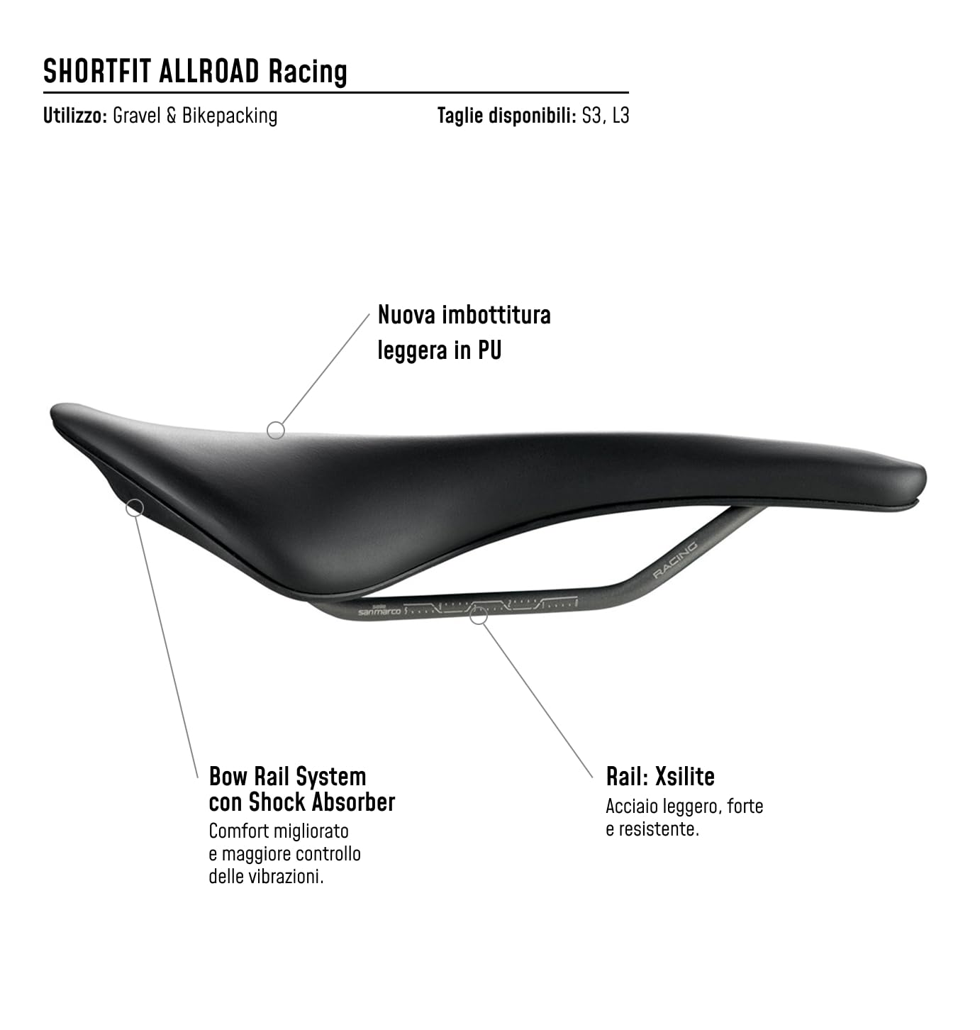 Selle San Marco SHORTFIT ALLROAD Racing - Sella Bici Gravel e All-Road, Performance Leggera, Binari Xsilite, Corta Ergonomica