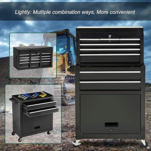 8 Drawers Large Space Capacity Rolling Tool Chest, 2 in 1 Mobile Lockable Drawers Steel Tool Box Cabinet and Storage Organizer Cart with Wheels, Toolbox Combo for Workshop Garage (Black)