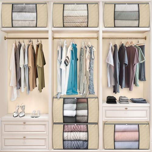 Image of Fab totes 24 Gallons Clothes Storage, Foldable Thick Fabric Blanket Storage Bags, Containers for Organizing Bedroom, Closet, Clothing, Comforter, Organization with Handle (6 Pack,Beige)
