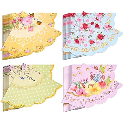 Floral Tea Party Napkins, 100 pcs Scalloped Guest Paper Napkins for Wedding Bridal Shower Baby Shower Tea Party Decorations Cover