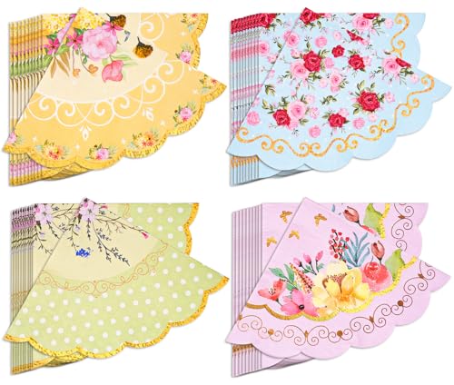 Floral Tea Party Napkins, 100 pcs Scalloped Guest Paper Napkins for Wedding Bridal Shower Baby Shower Tea Party Decorations