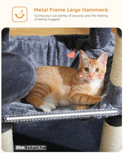 Image of MUTTROS Cat Tree for Indoor Cats, 45.7 inch Multi-Level Cat Tower with Large Metal Frame Hammock, Cat Condo with 4 Scratching Posts and Top Perch for Small Medium Cat, Dark Grey