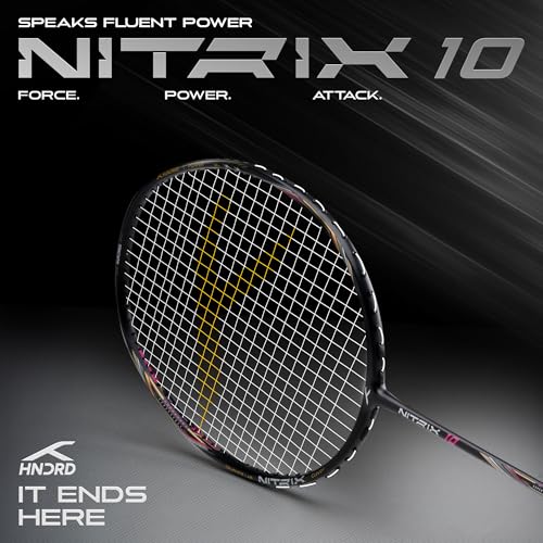 Image of Hundred Nitrix 10 Badminton Racket (Strung) | Carbon Fiber Frame | Head-Heavy Attacking Racket | Flexible Shaft for Powerful Smashes | Max Tension 30 lbs | Full Cover Included