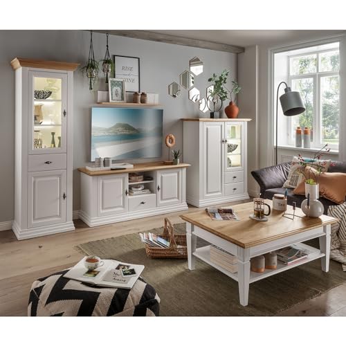 Lomadox Wohnmöbel Set Wohnwand weiß 5-teilig Landhausstil, 1 Vitrine, 1 Highboard, 1 Lowboard, 1 Wandboard, 1 Couchtisch, Beleuchtung