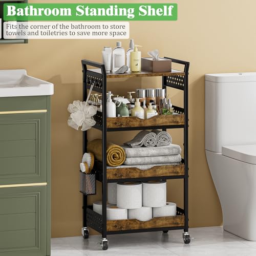 MJIMKE 4-Tier Utility Rolling Cart with Wheels - Kitchen Organizations and Storage Metal Cart, Detachable Fruits Coffee Snacks Art Craft Storage Cart for Bathroom, Pantry & Laundry, Black — view 4
