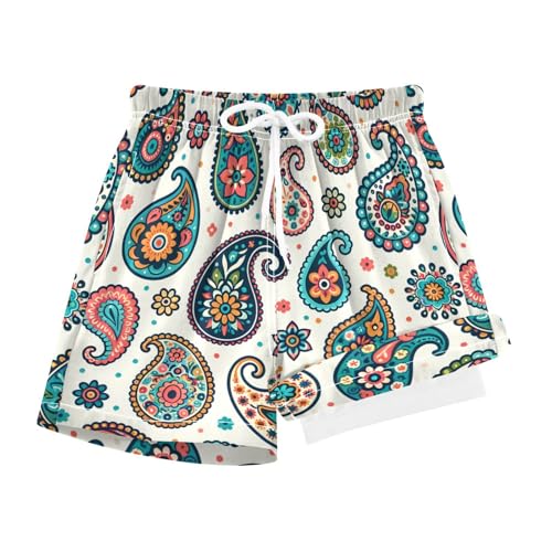 YANENDIE Boy Swim Trunks with Compression Liner Paisleys with Flowers Boys Swim Shorts Quick Dry Beach Shorts