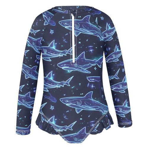 ALAZA Blue Shark Star Girls One Piece Swimsuit Long Sleeve Rash Guard Swimsuits UV 50+ Swimwear Zipper2