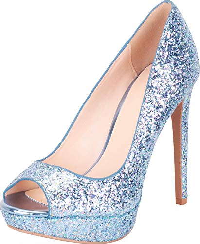 Cambridge Select Women's Peep Toe Glitter Slip-On Chunky Platform High Heel Pump,8 B(M) US,Light Blue Glitter