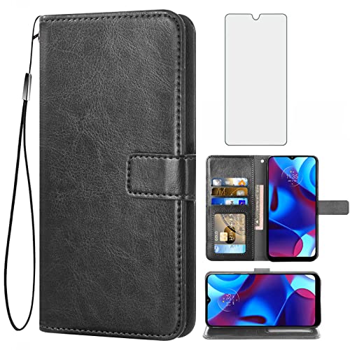 Asuwish Compatible with Moto G Pure 2021 Wallet Case Tempered Glass Screen Protector and Leather Flip Card Holder Stand Cell Accessories Phone Cover for MotoGPure GPure Women Men Black