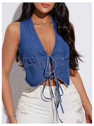 MakeMeChic Women's Denim Vest Tops Y2K Tie Front V Neck Asymmetrical Cropped Jean Vest Jackets3