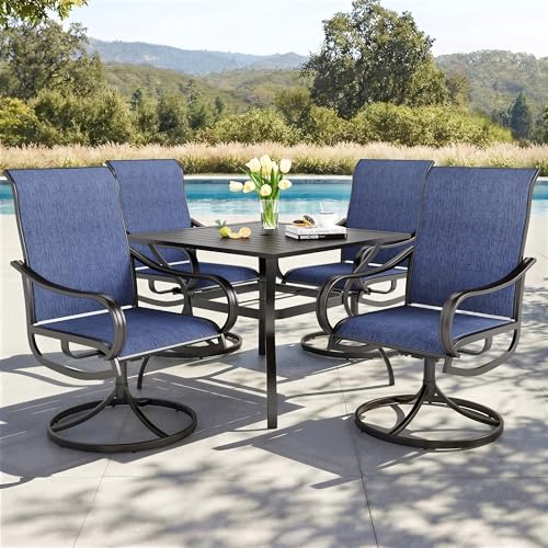 Image of PHI VILLA 5 PCS Outdoor Patio Dining Set with Swivel Dining Chairs (Blue) and 37 inchx 37 inch Metal Steel Dining Table(1.57 inch Umbrella Hole), All Weather Patio Dining Furniture Set for Deck Lawn Garden