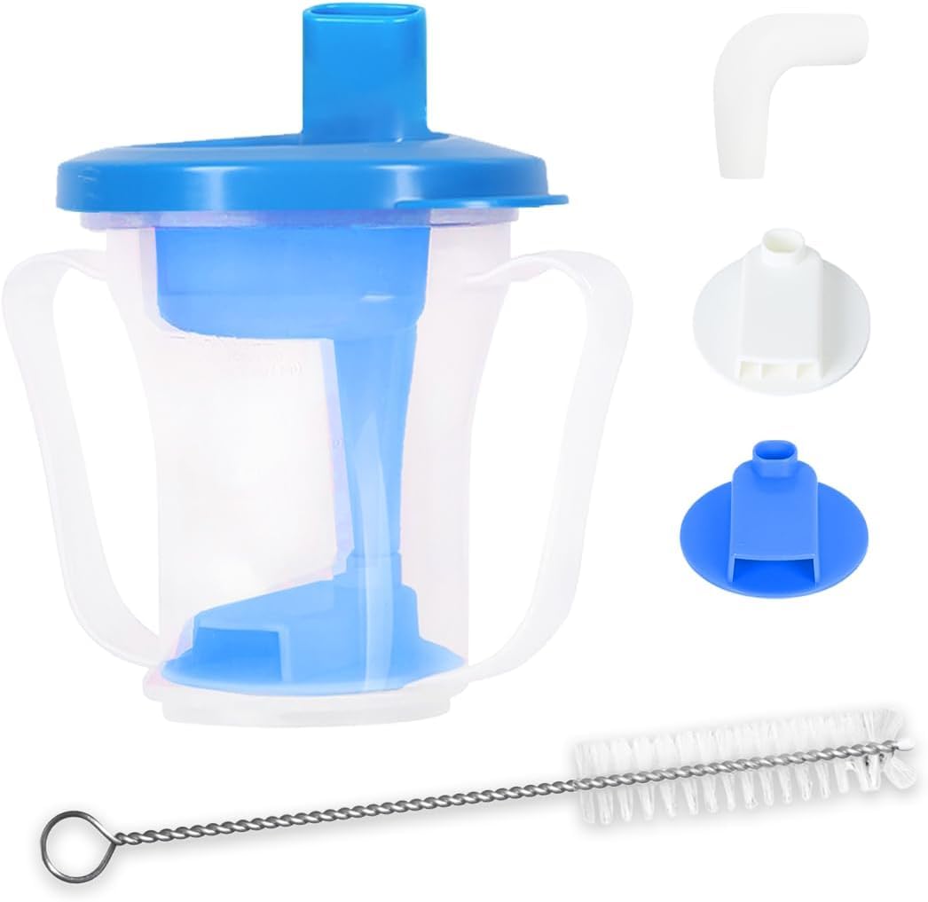 Vaso Antiahogo para Disfagia, Taza Antiderrame para Adultos y Ancianos, Vaso Adaptado con Control de Flujo 5-15 ml, para Parkinson, Demencia y Personas con Movili (Azul)