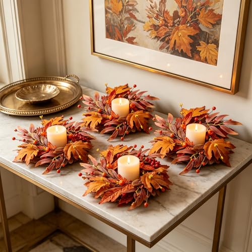 Image of 6 Pcs Mini Fall Wreaths Thanksgiving Table Centerpieces Fall Candle Rings 9 Inch Maple Leaf Wreaths for Cabinets Farmhouse Autumn Wreath for Front Door Porch Wall Window Decorations
