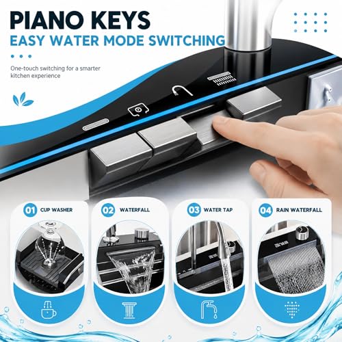 Image of Fossa 40x18x09 Smart Waterfall Piano Kitchen Sink, AISI Premium Stainless Steel, 2.5 mm Collar Thickness, 5-Year Warranty, Double Bowl Sink with LED Display, Black Matte Finish
