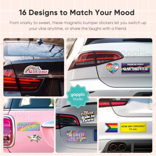 Image of Yoppix 16PCS Funny Gay Pride Car Magnet, LGBT Rainbow Pride Prank Magnetic Bumper Sticker for LGBT Parade Decor, Truck, or Fridge