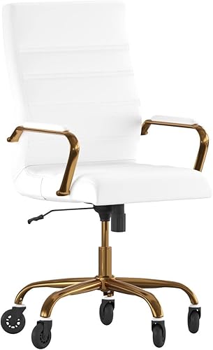 Flash Furniture Whitney - Silla de oficina giratoria ejecutiva de LeatherSoft con respaldo alto y marco dorado, brazos y ruedas de ruedas