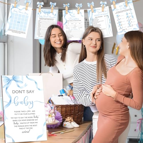 Image of Patelai 321 Pcs Blue Bow Baby Shower Games Supply for Boy 5 Set Include 250 Activity Cards 20 Pencils 1 Don't Say Baby Sign 50 Clothespins for Price is Right Prediction Bingo Game Party Decor