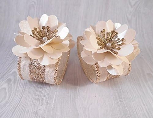 Ivory and Gold Stripe Burlap Napkin Holders, Napkin Rings, Handmade Paper Flowers, Home Decor, Party Decorations, Table Decor, Ladies Luncheon