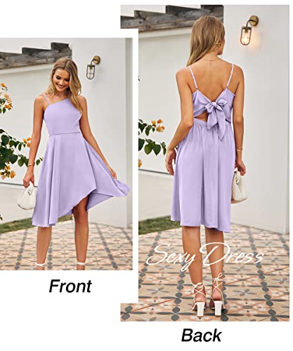 Mascomoda Sexy Spaghetti Strap Summer Dresses For Women 2023 Trendy Satin Sleeveless High Low Swing Midi Cocktail Dresses (Purple, Medium) #TOP4