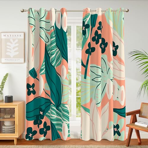 Image of Tyrot Coral Botanical Blackout Curtains for Bedroom,52W x 96L,2 Panels | Whimsical Floral, Energy-Saving Thermal Insulation, Light Blocking, Room-Darkening Privacy, Easy Grommet Drapes, Heavyweight