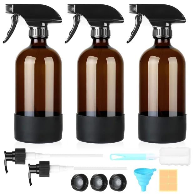 Furuising 3Pcs 480ml Glass Spray Bottles, Empty Spray Bottle for Cleaning, Hair, Refillable Amber Plant Sprayer Mister with Adjustable Nozzle for Squirt and Mist