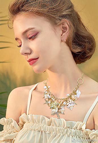 Halawly Shell Necklace Choker Mermaid Tail Necklace - Fashion Sea Shell Starfish Faux Pearl Collar Bib Statement Chunky Necklace Pendant2