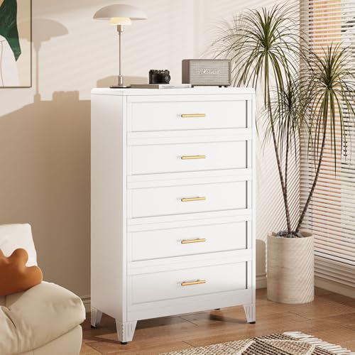 risuoge 5 Drawers Tall White Dresser for Bedroom, 52.16" Metal Dressers & Chests of Drawers Curved Corner Design, Storage Organizer Drawer Chest with Large Capacity for Living Room, Hallway, Entryway